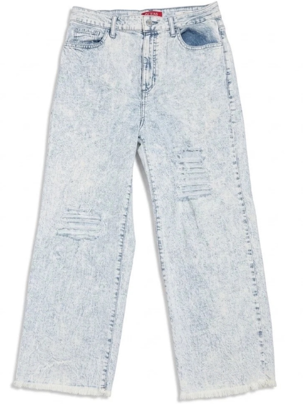 GUESS Acid Wash Distressed Crop Wide Leg Jeans 30 High Rise Raw Fringe Hem Y2K